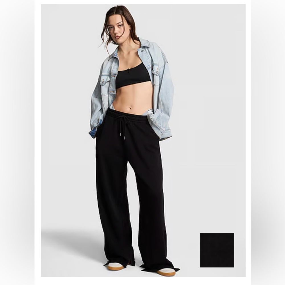PINK Campus Fleece™ Wide-Leg Split-Hem Sweatpants in Pure Black Solid